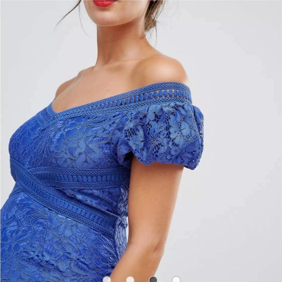 ASOS Little Mistress Maternity Lace Dress Blue  off the shoulder - Picture 1 of 11